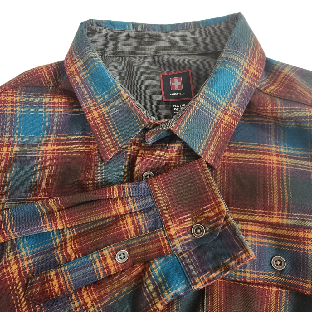 SWISS TECH Mens 2XL Plaid Flannel Long Sleeve Button Up Shirt Antique Teal Combo